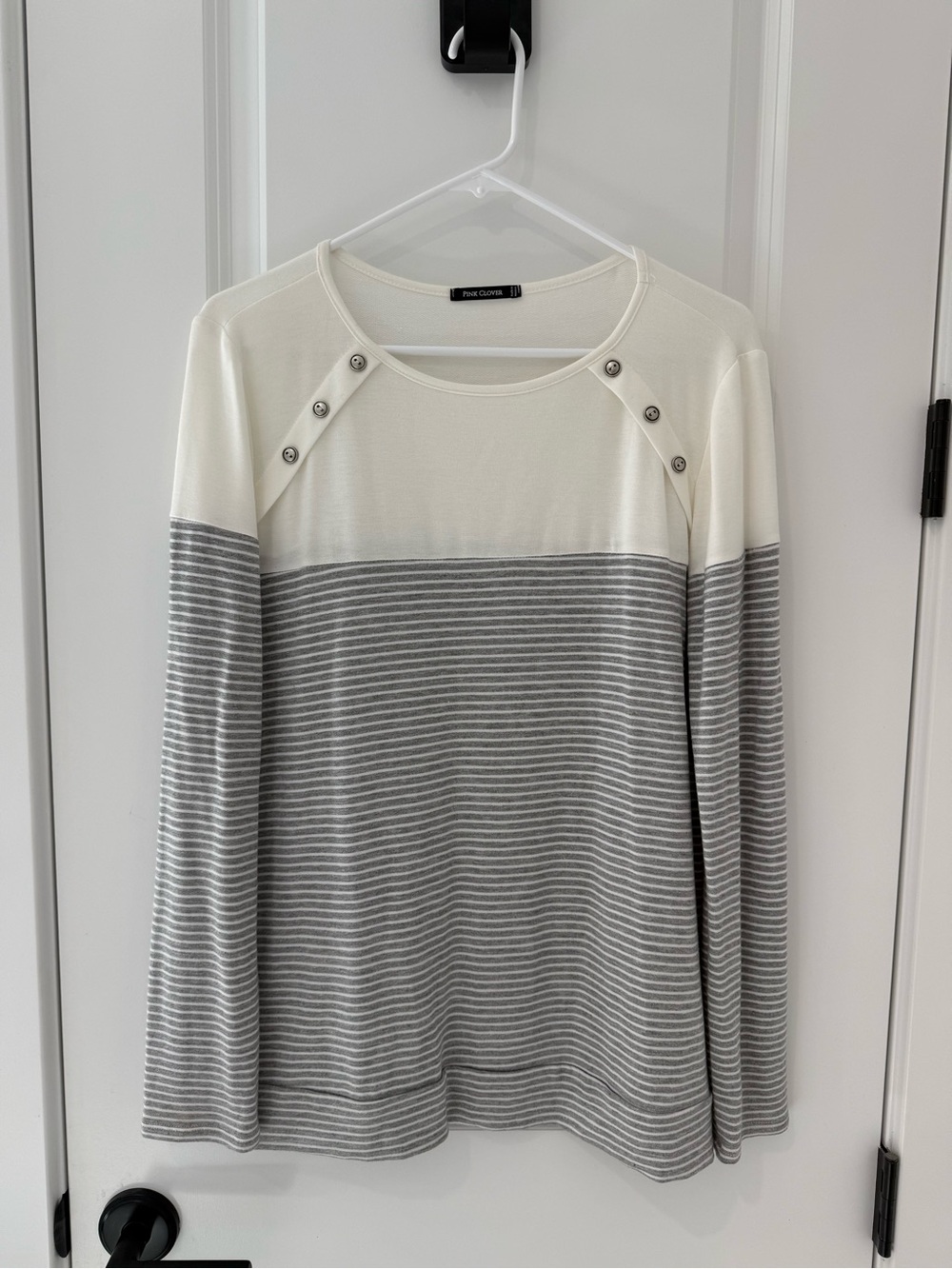 Pink Clover Cream and Gray Striped Long Sleeve Top with Snap Accents